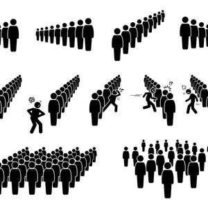 Op de afbeelding: Zwart-witte stick figure illustraties die verschillende soorten lijnen laten zien, waaronder rechte lijnen, gebogen lijnen en lijnen met mensen die rennen.