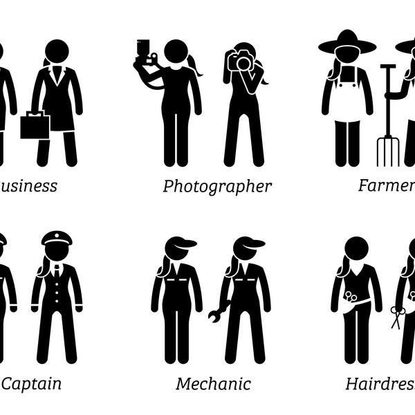 Jobs Occupations Careers Work Women Woman Girl Female Character Businesswoman Photographer Farmer Captain Mechanic Hairdresser SVG Vector