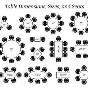 Dining Table Dimensions Design Sizes Seating Arrangement Circle Oval Square Rectangle Top Up View Digital Download Icons PNG SVG Vector