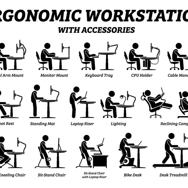 Ergonomic Computer Desk Desktop Table Work Workplace Workstation Office Good Posture Lumbar Support Foot Rest Recline Download Icons Vector