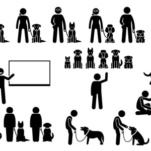 Dog Training School Academy Class Obedient Obedience Behavioral Training Instructor Student Coach Education Stick Figure EPS PNG SVG Vector