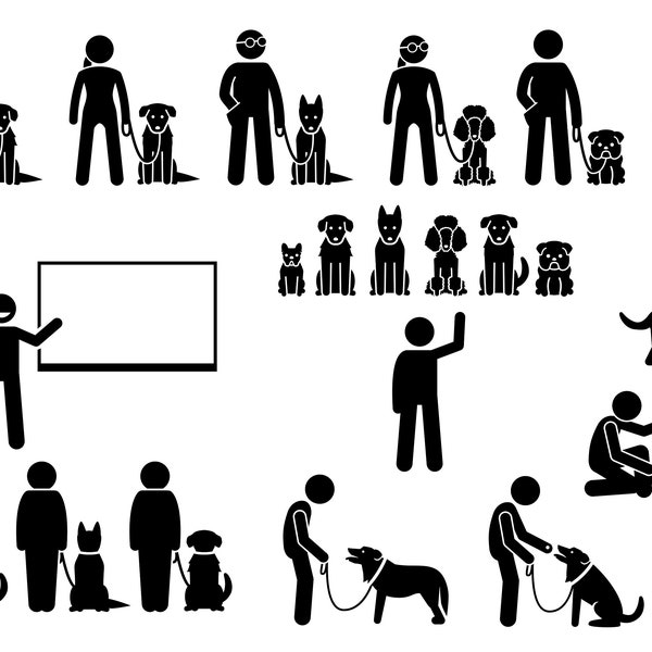 Dog Training School Academy Class Obedient Obedience Behavioral Training Instructor Student Coach Education Stick Figure EPS PNG SVG Vector