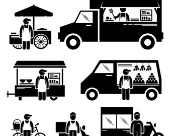 Mobile Food Vehicle Lorry Truck Van Wagon Bicycle Bike Cart Hawker Stall Delivery Outdoor Road Street Food Download Icons PNG SVG Vector