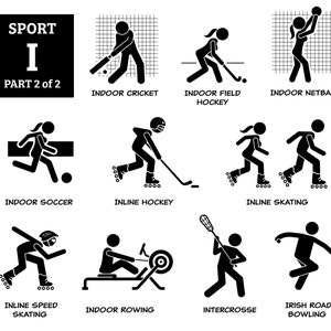 Könnte beinhalten: Schwarz-weiße Strichmännchen-Illustrationen verschiedener Hallensportarten, darunter Hallencricket, Feldhockey, Netball, Fußball, Inline-Hockey, Inline-Skating, Eisschnelllauf, Rudern, Lacrosse und Irish Road Bowling. Der Text "SPORT I PART 2 of 2" befindet sich oben im Bild.