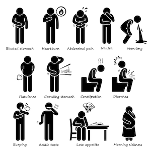 Indigestion Symptoms Health Problem Bloated Pain Vomit Nausea Constipation Diarrhea Stomach Abdomen Abdominal Download Icons PNG SVG Vector