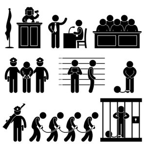 Puede incluir: Ilustraciones en blanco y negro de figuras de palo que representan varios aspectos del sistema legal, incluyendo un juez, un abogado, un jurado, un oficial de policía, un prisionero y una sala de audiencias.