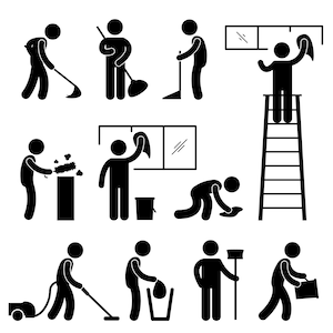 Cleaning House Cleaner Janitor Maid Washing Vacuum Cleaner Throwing Rubbish Sweeper Wiping Window People Working Wipe Window PNG SVG Vector