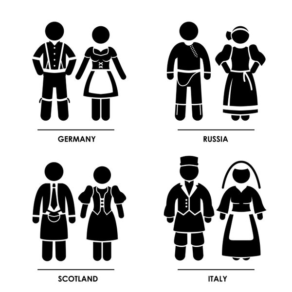 Europe Germany Russia Scotland Italy Man Woman National Traditional Costume Dress Clothing Wear Ethnic Sign Icon Symbol PNG SVG Vector