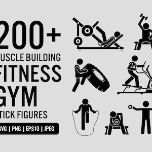 Muscle Building Body Builder Gym Fitness Exercise Weight Training Bodybuilder Lifting Workout Sport SVG PNG Icons Stick Figure Bundle Vector