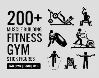 Muscle Building Body Builder Gym Fitness Exercise Weight Training Bodybuilder Lifting Workout Sport SVG PNG Icons Stick Figure Bundle Vector