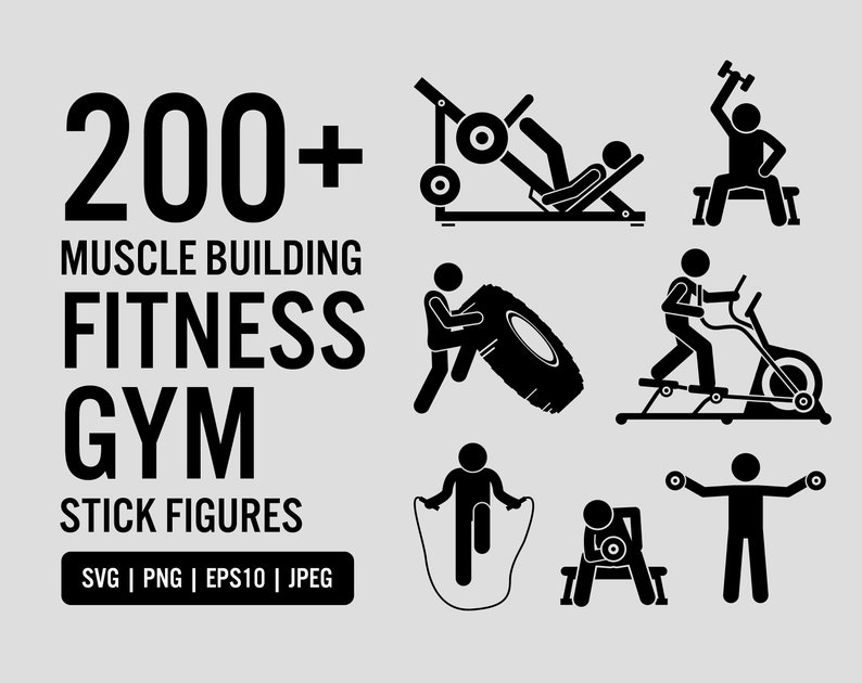 May include: A set of 200+ black and white stick figure illustrations depicting various fitness exercises and gym equipment. The text "200+ Muscle Building Fitness Gym Stick Figures" is displayed at the top of the image. The text "SVG | PNG | EPS10 | JPEG" is displayed at the bottom of the image.