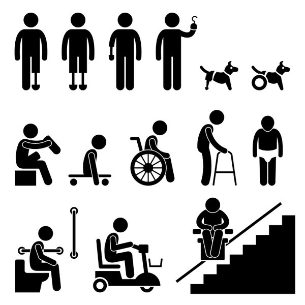 Amputee Amputation Handicap Handicapped Disable Disability Tool Equipment Orthopedic Mobility Aids Wheelchair Dog Animal Icon PNG SVG Vector