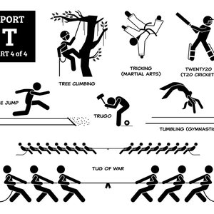 Escalada de árboles engañando artes marciales twenty20 t20 cricket triple salto trugo tumbling gimnástico tira y afloja de juego de guerra deporte icono signo SVG PNG EPS