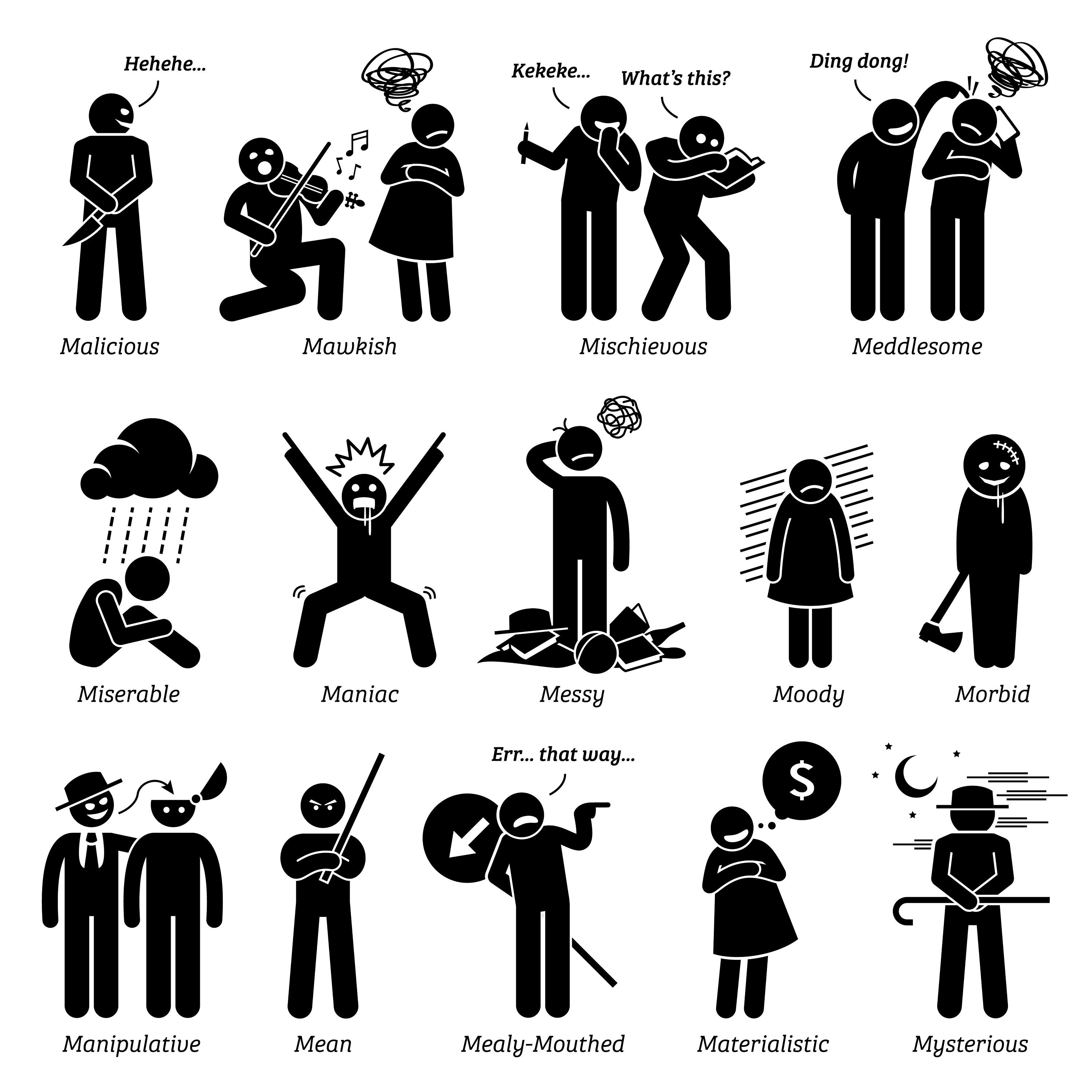 Stick figure human people man action, feelings, and emotions icons alphabet  M. Mate, maul, maximize, mean, measure, meddle, mediate, meditate, meet,  melt, memorize, and menace. Stock Vector