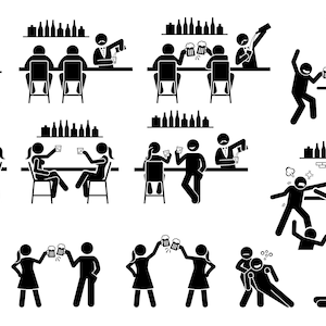 Menschen Trinken Bier Wein Barkeeper männliche Frauen Freunde Alkohol Mädchen Tanztisch Klinking Glas Kampf Drunk Party SVG PNG EPS Vektor