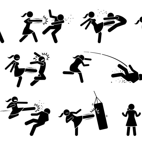 Woman Beating Man Male vs Female Girl Fight Boy Funny Cartoon Punch Kick Slap Uppercut Self Defend Stickman Stick Figure EPS PNG SVG Vector