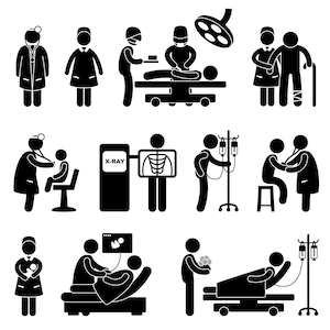 医師、看護師、外科医、病院、診療所、医療、外科、ヘルスケア、医療施設、労働者、病人、患者、棒人間、PNG、SVG、EPS、ベクター