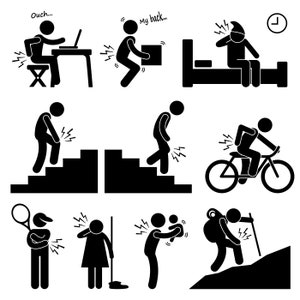 May include: Black and white stick figure illustrations depicting various scenarios of pain and discomfort. The figures are experiencing back pain, knee pain, and other types of aches. The illustrations are simple and easy to understand.