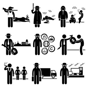 May include: Black and white stick figure illustrations depicting various criminal activities, including a hitman, a thief, a hacker, and a drug dealer.