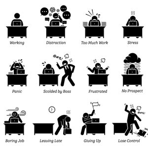 May include: Black and white stick figure illustrations depicting various office worker scenarios, including working, distraction, too much work, stress, panic, being scolded by the boss, frustration, no prospect, a boring job, leaving late, giving up, and losing control.