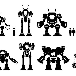 May include: A set of nine black and white silhouette illustrations of robots of varying sizes. The robots are depicted in a variety of poses, some standing, some walking, and some holding weapons. The robots are all stylised and have a futuristic design.