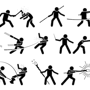 以下が含まれることがあります： 黒と白の棒人間イラストで、さまざまな戦闘スタイルが描かれている。人物は剣、斧、杖などの武器を使用している。一部の人物は魔法や特殊能力を使用している。