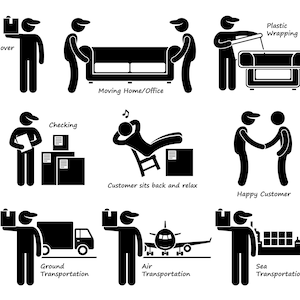 Mover Services Moving House Office Goods Logistic Shipping Transports Box Truck Air Flight Freighter Ship Download Sign Icons PNG SVG Vector