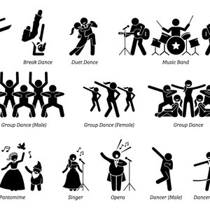 Peut inclure: Illustrations en noir et blanc de silhouettes représentant différents types de danse, notamment le ballet, le breakdance, la danse en duo, la danse de groupe, le groupe de musique, le mime, l'opéra et le chant.