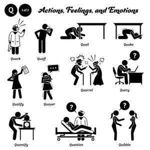 Könnte beinhalten: Schwarz-weiße Infografik mit dem Titel "Actions, Feelings, and Emotions". Das Bild zeigt Strichmännchen, die verschiedene Aktionen und Emotionen darstellen, mit Beschriftungen wie "Quack", "Quaff", "Quail", "Quake", "Quarrel", "Query", "Qualify", "Quaver", "Quantify", "Question" und "Quibble".