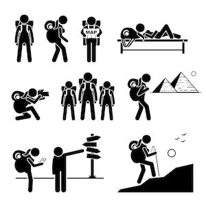 May include: Black and white stick figure illustrations of people traveling with backpacks. Some figures are carrying maps, cameras, and walking sticks. Others are relaxing on a bench, hiking up a mountain, and standing in front of a signpost.