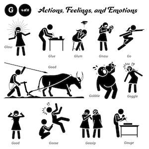 May include: Black and white stick figure illustrations depicting various actions, feelings, and emotions. The words "Glow", "Glue", "Glum", "Gnaw", "Go", "Goad", "Gobble", "Goggle", "Good", "Goose", "Gossip", and "Gouge" are labeled below each illustration.