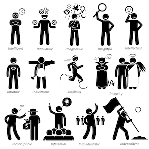 May include: Black and white stick figure illustrations depicting different personality traits, such as intelligent, innovative, imaginative, insightful, intellectual, intuitive, industrious, inspiring, integrity, incorruptible, influential, individualistic, and independent.