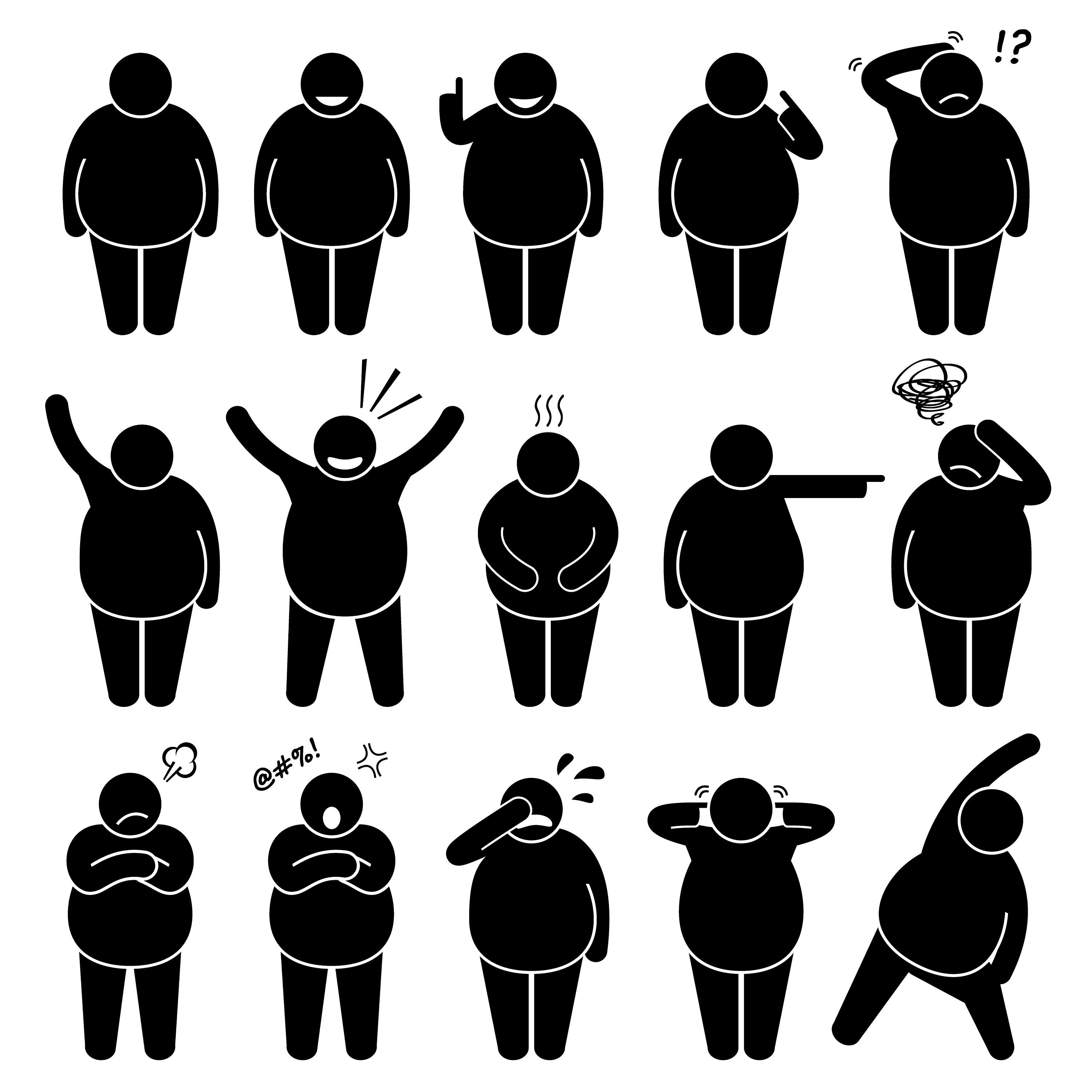 Fat Overweight Obese Obesity Man People Action Poses Postures Feeling Emotion Expression Happy Sad Angry Cry Download Icons PNG SVG Vector