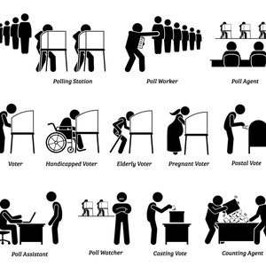 Könnte beinhalten: Schwarz-Weiß-Illustration, die verschiedene Aspekte des Wahlvorgangs zeigt. Szenen umfassen ein Wahllokal, Wahlhelfer, Wahlbeobachter, Wähler, behinderte Wähler, ältere Wähler, schwangere Wähler, Briefwahl, Wahlhelfer, Wahlbeobachter, Stimmabgabe und Auszählung.