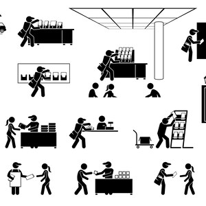 以下が含まれることがあります： さまざまな配達と郵便サービスのシナリオを描いた白黒のイラスト。配達員が、家、郵便受け、店、門など、さまざまな場所に荷物、手紙、郵便物を配達している様子が描かれています。