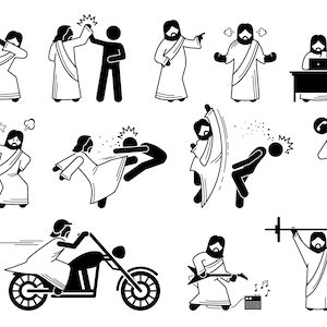 May include: A black and white cartoon illustration featuring various depictions of a figure in a robe, performing actions such as dabbing, high-fiving, working on a laptop, kicking, riding a motorcycle, and playing guitar.