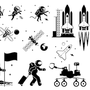 Könnte beinhalten: Schwarzweiße Vektorillustrationen der Weltraumforschung, darunter Astronauten, Raketen, eine Raumstation, ein Rover, ein Teleskop und eine Fliege.