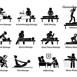 Massages Massage Therapies Therapy Artwork Hot Stone Aromatherapy Healing Sport Deep Tissue Shiatsu Thai Foot Reflexology Watsu Icons Vector