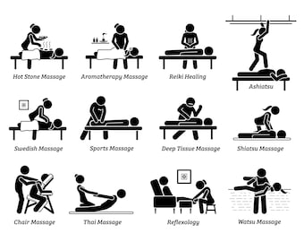 Massages Massage Therapies Therapy Artwork Hot Stone Aromatherapy Healing Sport Deep Tissue Shiatsu Thai Foot Reflexology Watsu Icons Vector