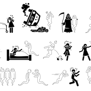 May include: Black and white stick figure illustrations depicting various ghost scenarios, including a ghost leaving a body, a ghost haunting a bedroom, a ghost appearing to a person, and a ghost being exorcised.