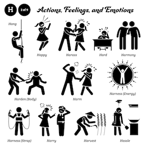 May include: Black and white stick figure illustrations depicting various actions, feelings, and emotions, such as hanging, being happy, harassing, working hard, being in harmony, hardening, harming, harnessing energy, harnessing a strap, being harry, harvesting, and hassling.