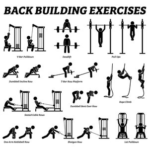 May include: Black and white stick figure illustrations of different back building exercises, including pull-ups, rows, and lat pulldowns. The text "BACK BUILDING EXERCISES" is at the top of the image.