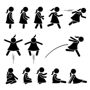 Little Girl Child Basic Action Poses Posture Standing Walking Running Jumping Up Hopping Sitting Down Black Stick Figure EPS PNG SVG Vector