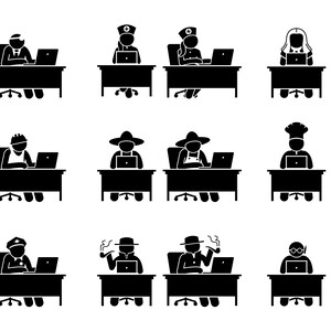 Peut inclure: Un ensemble de 18 illustrations en noir et blanc de personnes assises à des bureaux avec des ordinateurs portables. Les personnes portent différents chapeaux et uniformes, notamment une infirmière, un chef cuisinier, un ouvrier du bâtiment et un policier.