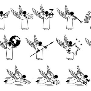 May include: Black and white line art illustrations of angels in various poses. Some angels are holding objects such as a cross, a book, a trumpet, a star, and a globe. Others are playing a trumpet or holding a spear. Some angels are flying and others are standing.