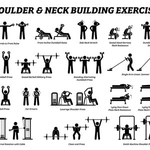 May include: Black and white stick figure illustrations of different shoulder and neck building exercises. The illustrations show people using dumbbells, barbells, and other gym equipment.