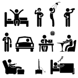 Puede incluir: Ilustraciones en blanco y negro de figuras de palo que representan una rutina diaria. Las ilustraciones muestran a una persona despertándose, cepillándose los dientes, duchandose, bebiendo, viajando, trabajando, comiendo, relajándose y durmiendo.