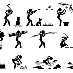 May include: A set of black and white stick figure illustrations depicting various activities in the wilderness, including chopping wood, hunting, gathering berries, building a fire, and climbing a tree.