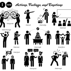 May include: Black and white stick figure illustrations depicting various actions, feelings, and emotions.  The words "Integrate", "Intend", "Intensify", "Interact", "Interchange", "Interest", "Intercept", "Interfere", "Interject", "Interpret", and "Interrupt" are labeled below each illustration.