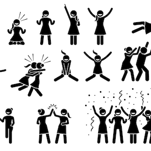 May include: Black and white stick figure illustrations of people celebrating and having fun. The illustrations show people dancing, hugging, high-fiving, and jumping for joy.